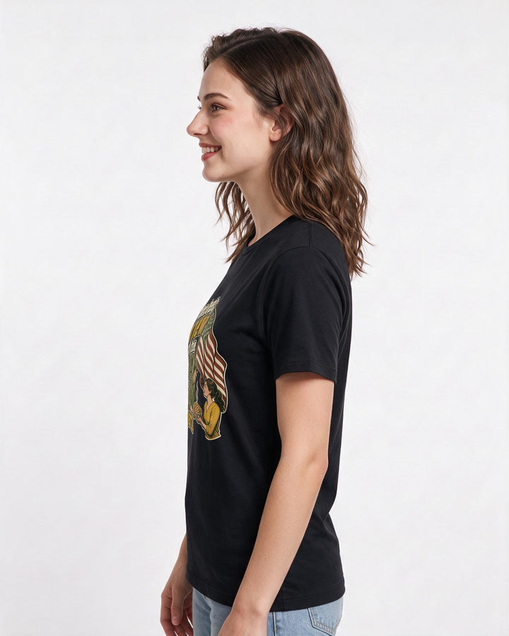 Patriotic Women's Black T-Shirt – The best view of the flag is over product image 2