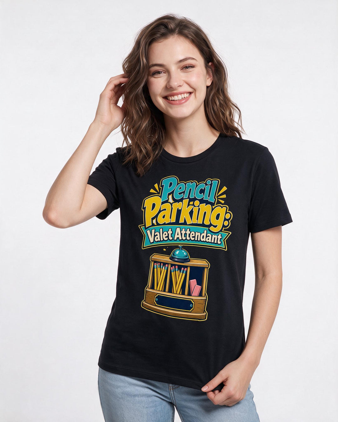 Funny Teacher Women's Black T-Shirt – Pencil Parking: Valet Attendant product image 3