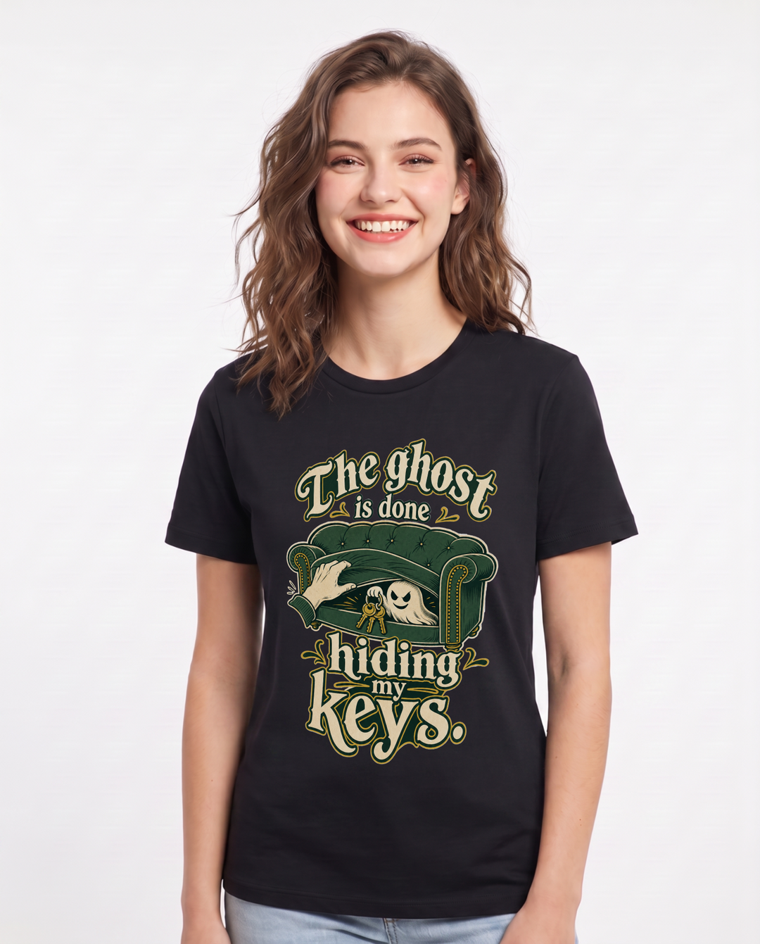 Funny Halloween Women's Black T-Shirt – The ghost is done hiding my keys. product image 1