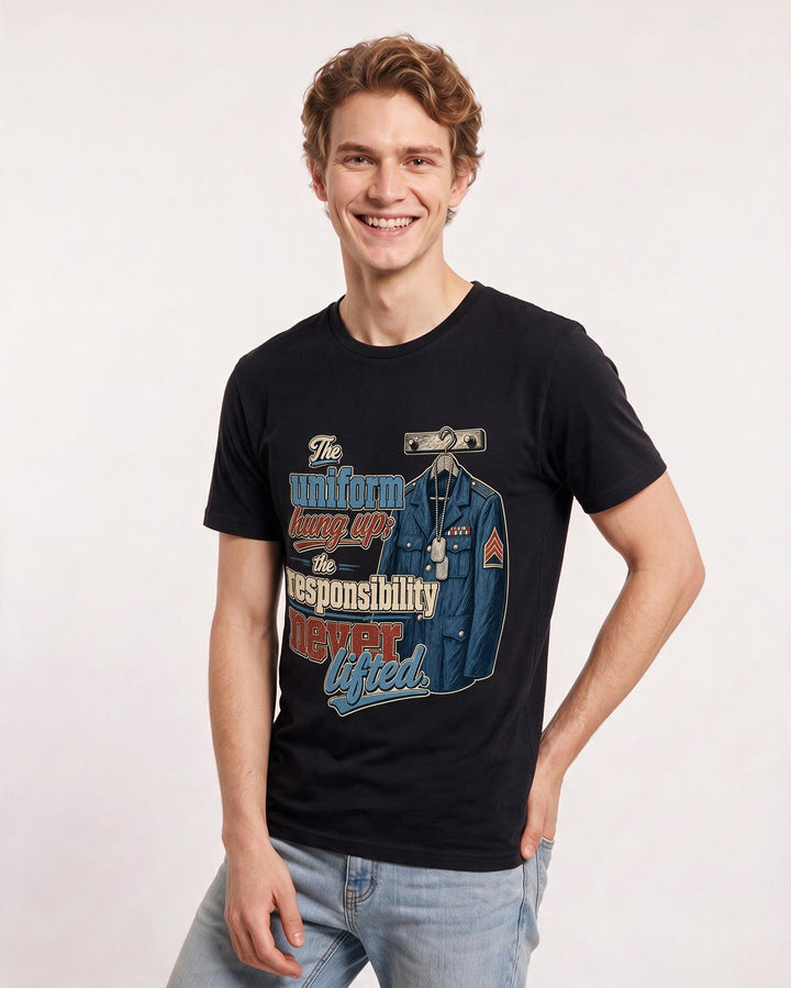 Veteran Men's Black T-Shirt – The uniform hung up; the responsibility never lifted. product image 3