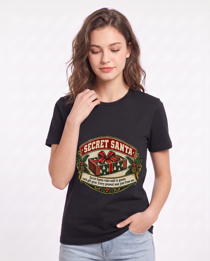 Secret Santa rules said to guess each gift giver. Every present was just from me. Women's Black T-Shirt product image 1