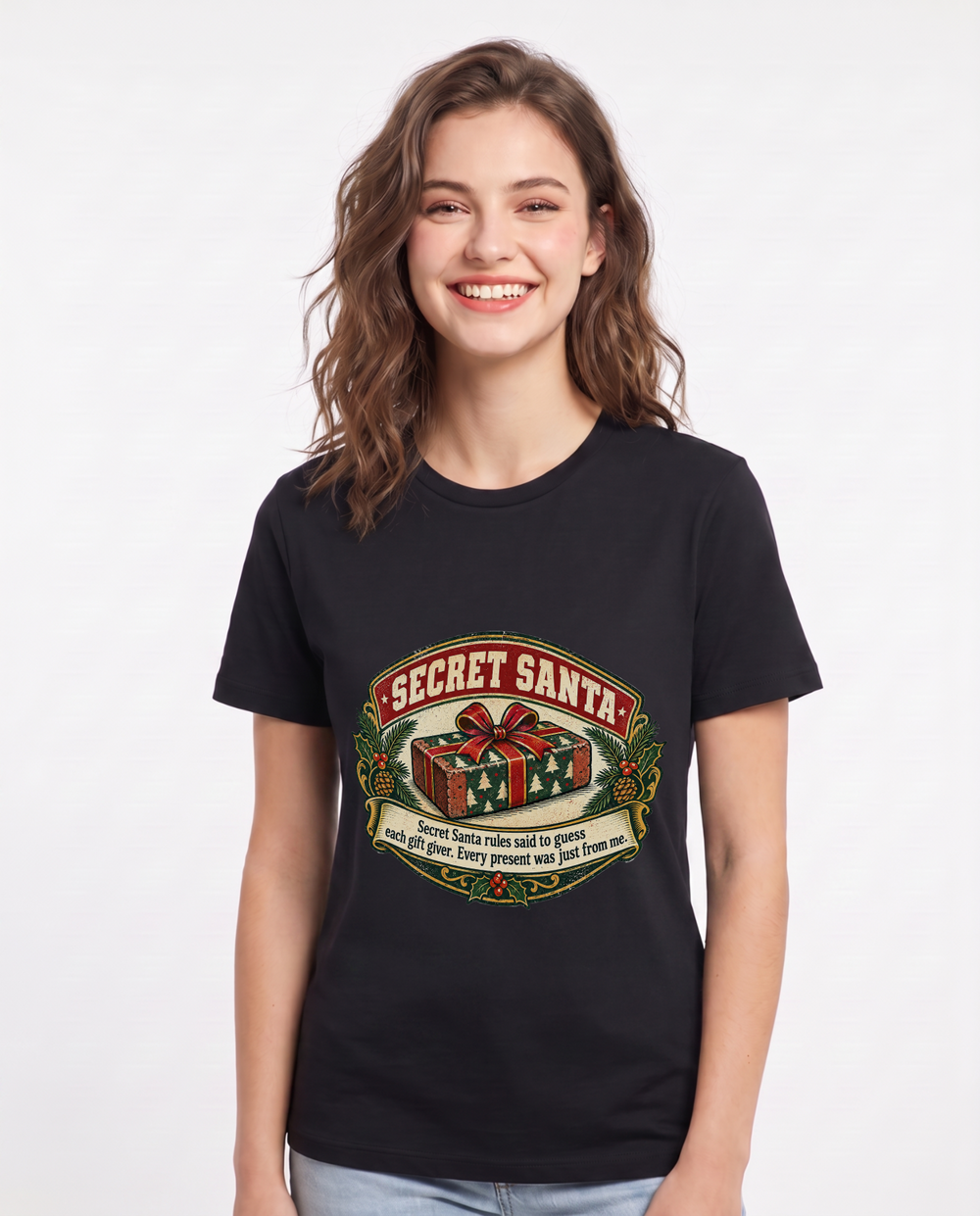 Secret Santa rules said to guess each gift giver. Every present was just from me. Women's Black T-Shirt product image 2