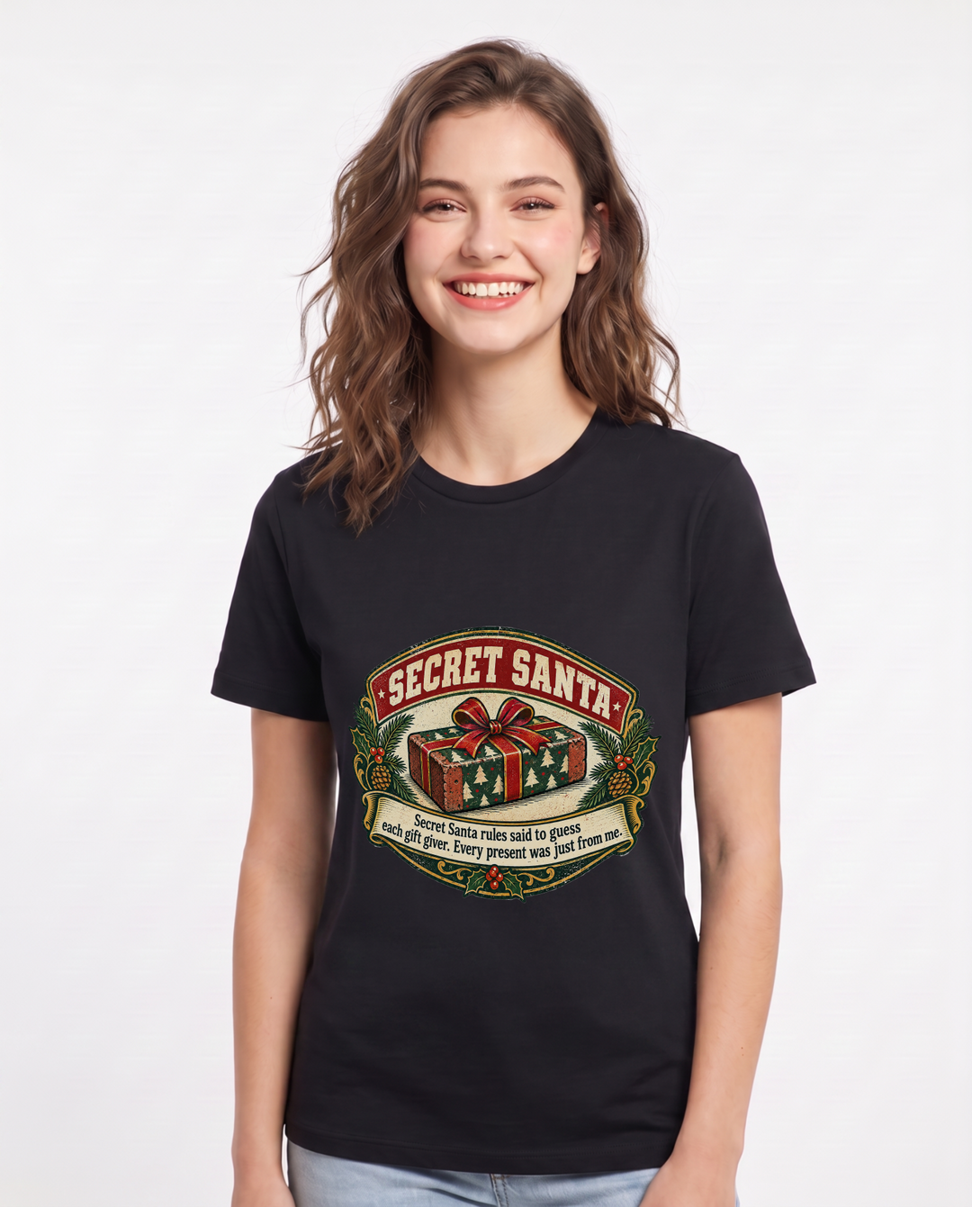 Secret Santa rules said to guess each gift giver. Every present was just from me. Women's Black T-Shirt product image 2