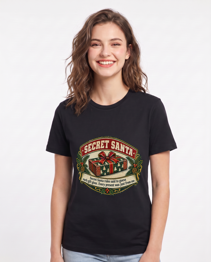 Secret Santa rules said to guess each gift giver. Every present was just from me. Women's Black T-Shirt product image 2