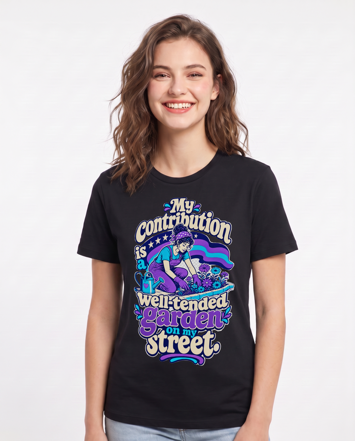 Patriotic Women's Black T-Shirt – My contribution is a well-tended garden on my street. product image 1