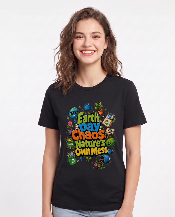 Earth Day Chaos: Nature's Own Mess Women's Black T-Shirt product image 2