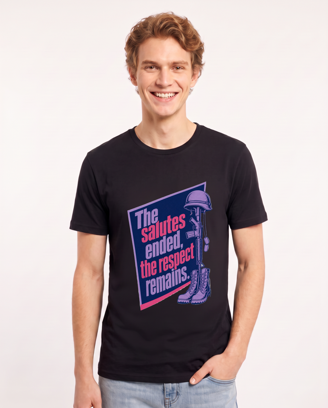 Graphic Men's Black T-Shirt - The salutes ended, the respect remains. product image 1