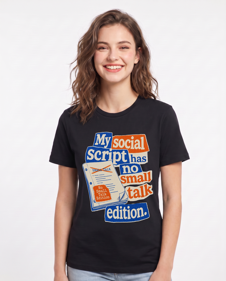 Neurodiversity Women's Black T-Shirt – My social script has no small talk edition. product image 1