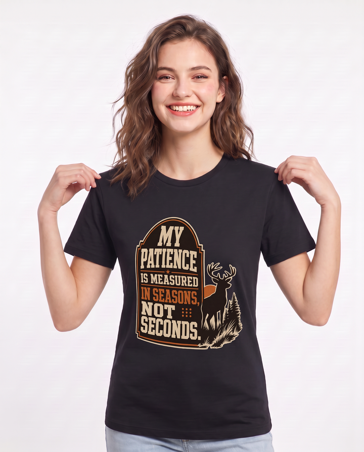 Hunting Women's Black T-Shirt - My patience is measured in seasons, product image 3