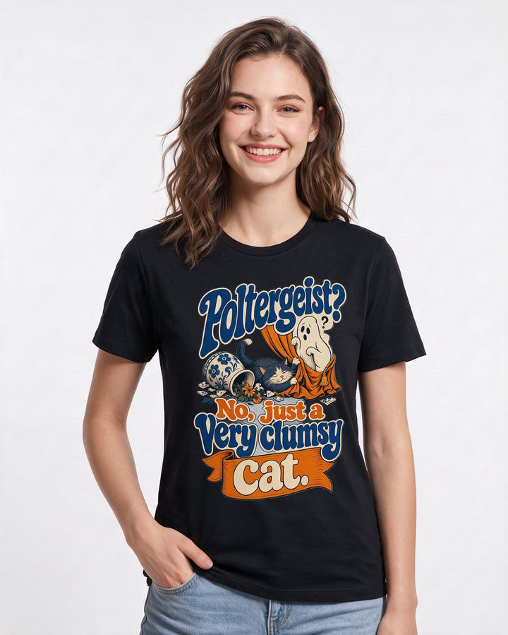 Funny Halloween Women's Black T-Shirt – Poltergeist? No, just a very clumsy cat. product image 3