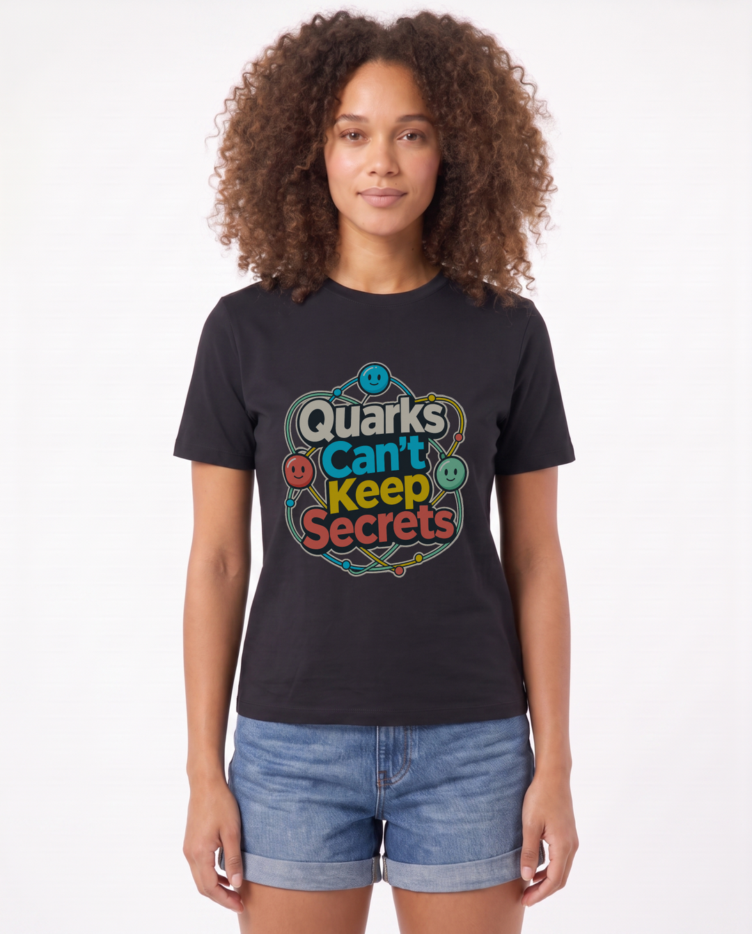 Quarks Can't Keep Secrets Black T-Shirt mockup 1