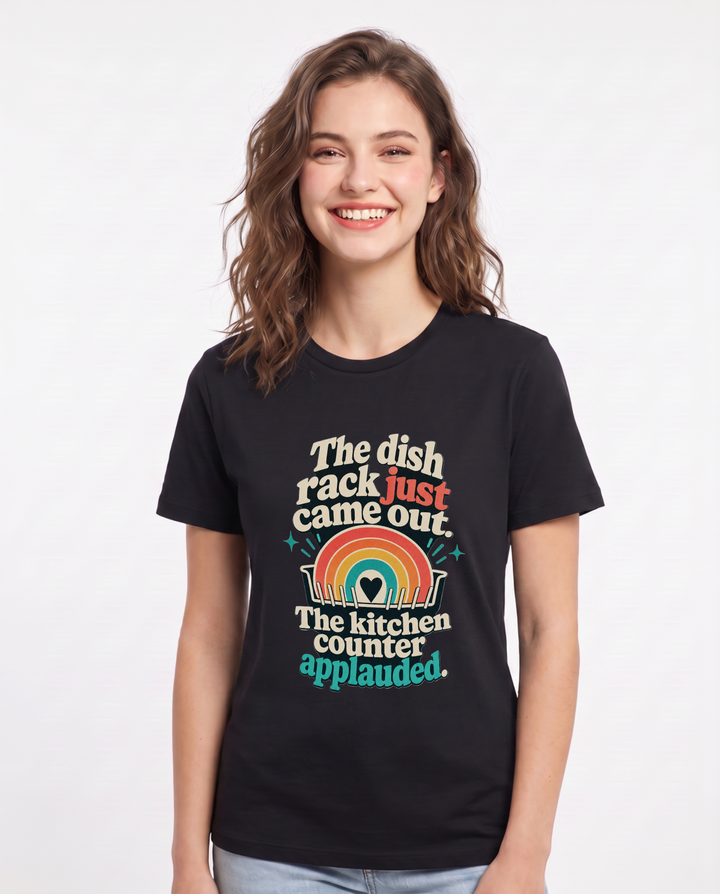 The dish rack just came out. The kitchen counter applauded. Women's Black T-Shirt product image 2