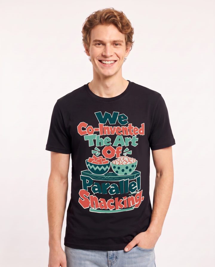 Couples Men's Black T-Shirt – We Co-Invented The Art Of Parallel Snacking product image 1