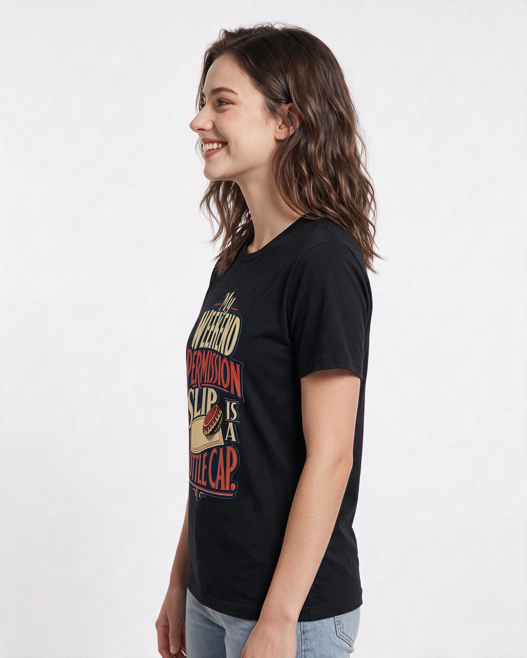 Funny Beer Women's Black T-Shirt – My weekend permission slip is a bottle cap product image 2