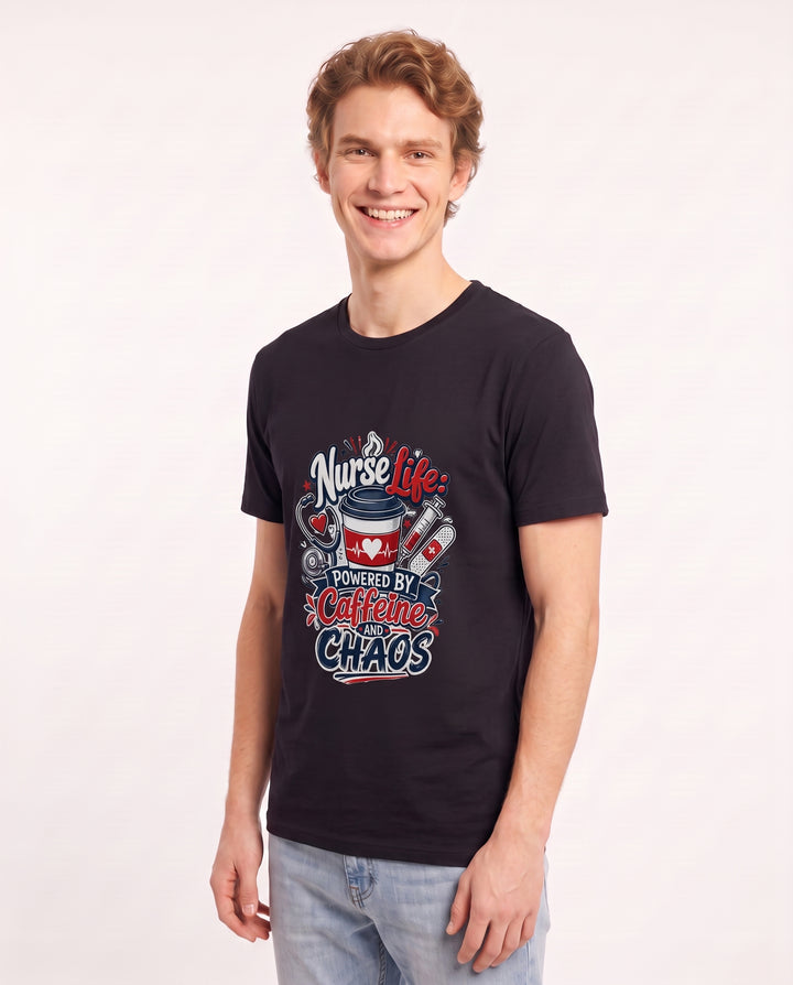 Nurse Life: Powered by Caffeine and Chaos Men's Black T-Shirt product image 3