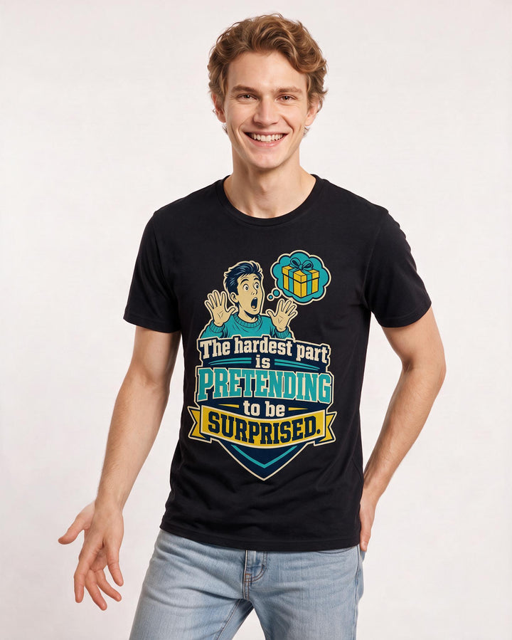 Funny Christmas Men's Black T-Shirt – The hardest part is pretending to be surprised. product image 3