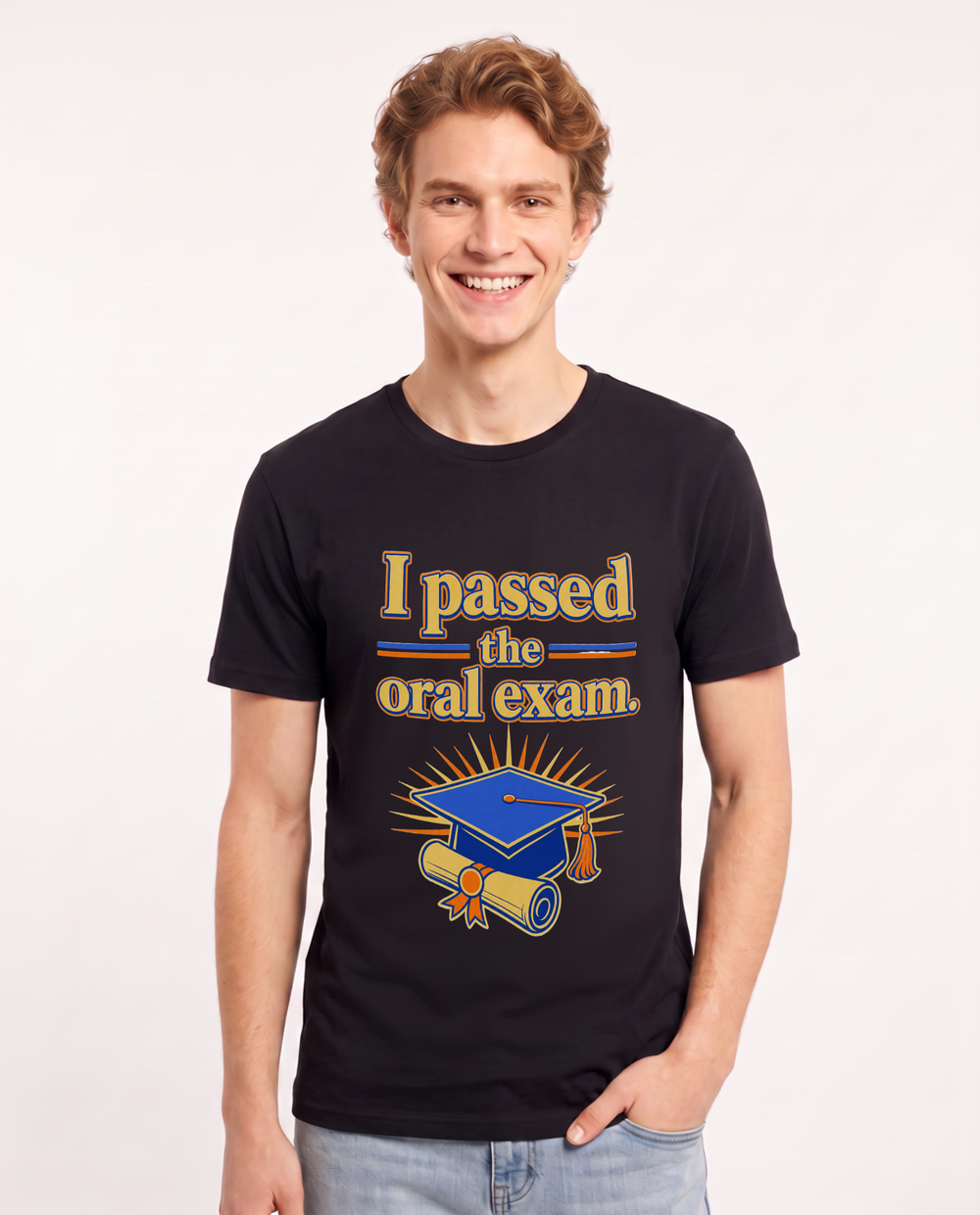 I passed the oral exam. Men's Black T-Shirt product image 2