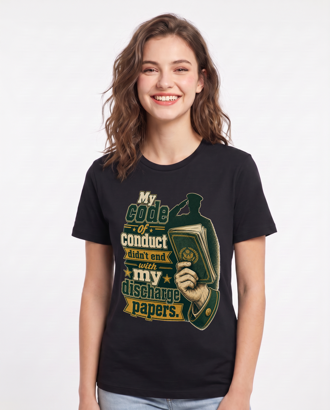 Veteran Women's Black T-Shirt – My code of conduct didn't end with my discharge papers. product image 1