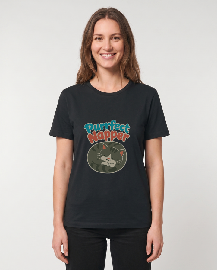 Purrfect Napper Black T-Shirt mockup 1