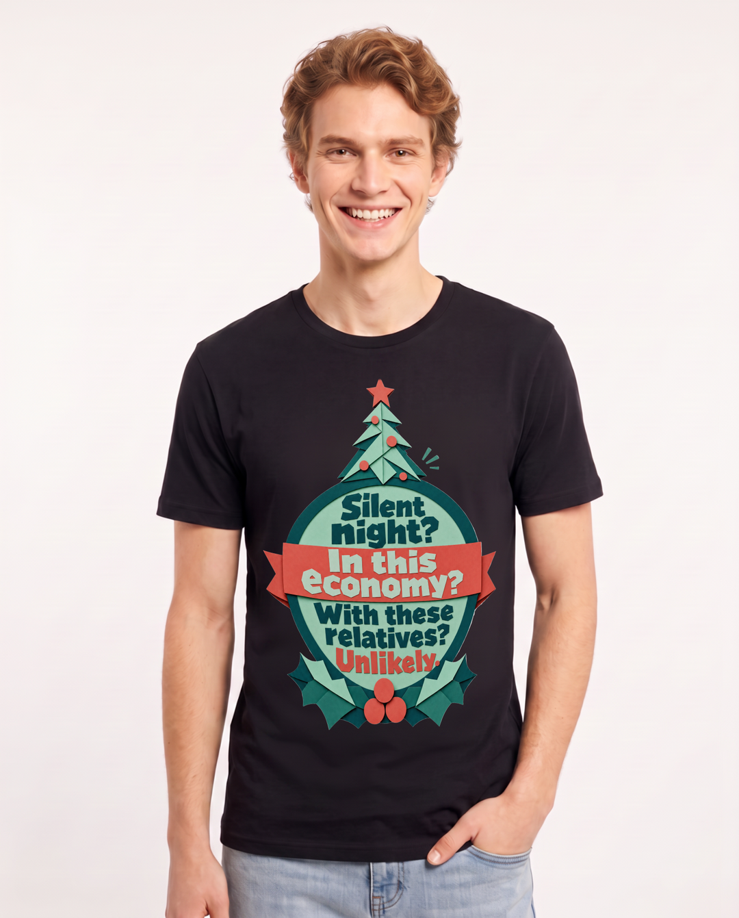 Christmas Men's Black T-Shirt - Silent night? In this economy? With product image 1