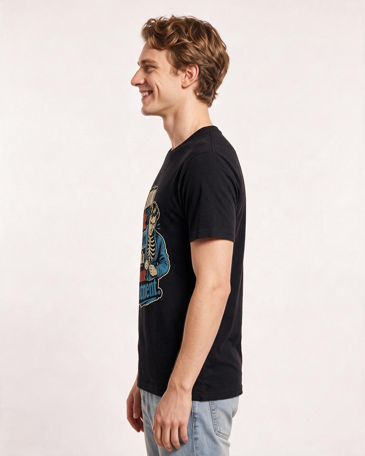 Funny Halloween Men's Black T-Shirt – Running late. My skeleton needed a last-minute adjustment. product image 2