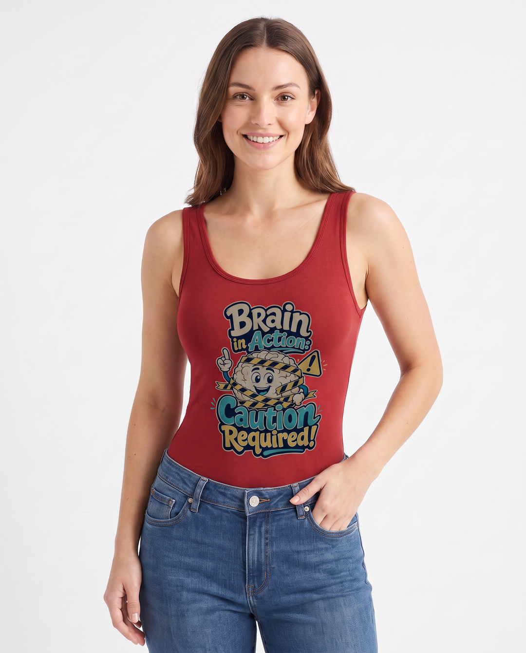 Brain In Action: Caution Required! Sleeveless Tank Bodysuit mockup 1
