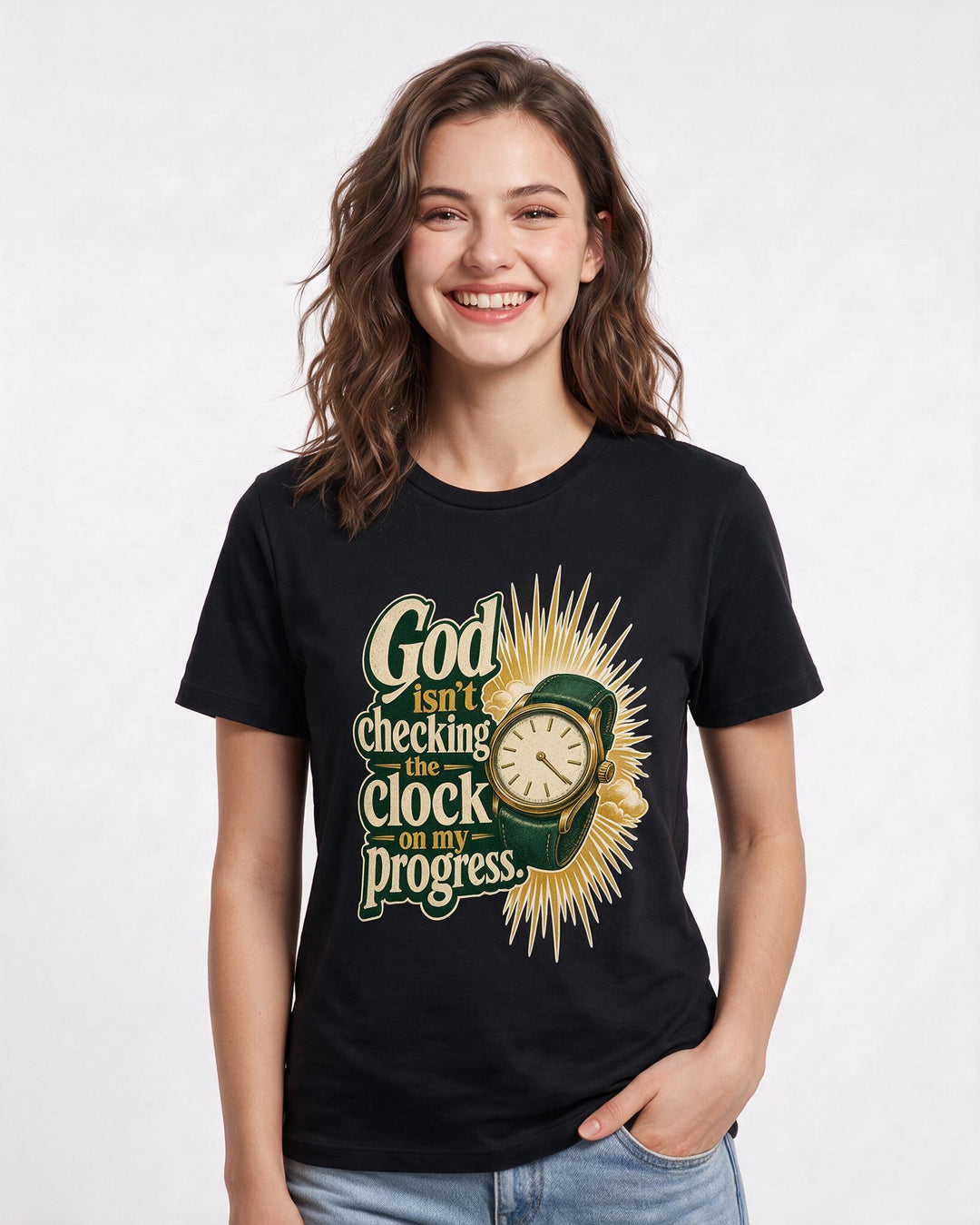 Christian Faith Women's Black T-Shirt – God isn't checking the clock on my progress. product image 3