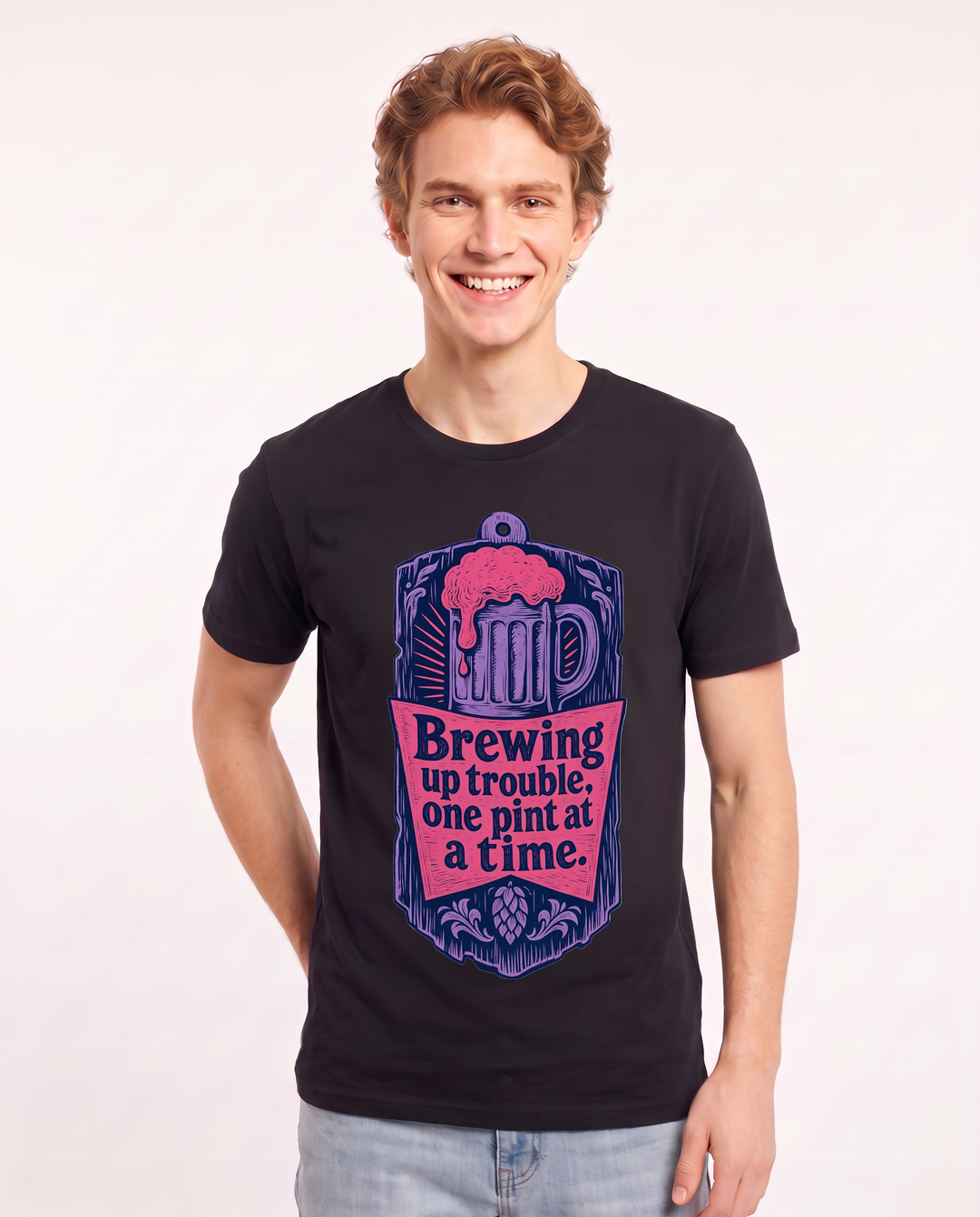 Funny Beer Men's Black T-Shirt - Brewing up trouble, one pint at a product image 3