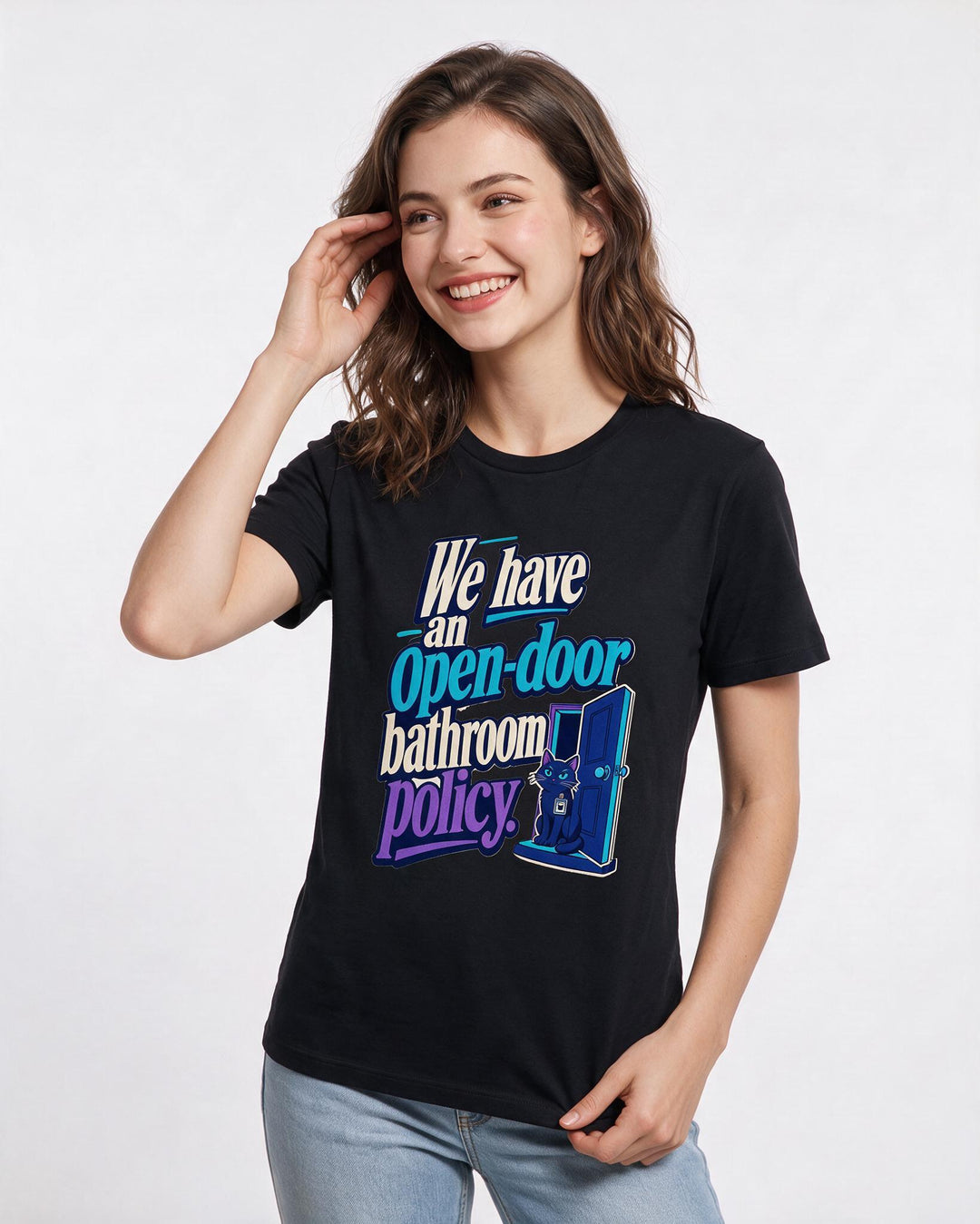 Funny Cat Lover Women's Black T-Shirt – We have an open-door bathroom policy. product image 3