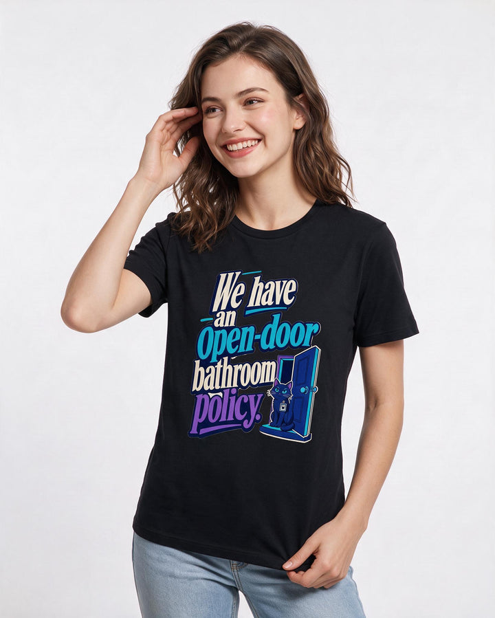 Funny Cat Lover Women's Black T-Shirt – We have an open-door bathroom policy. product image 3