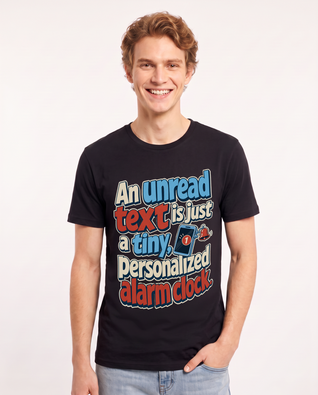 Funny Meme Men's Black T-Shirt – An unread text is just a tiny, personalized alarm clock. product image 1