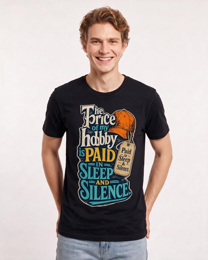Hunting Men's Black T-Shirt – The price of my hobby is paid in sleep and silence. product image 3