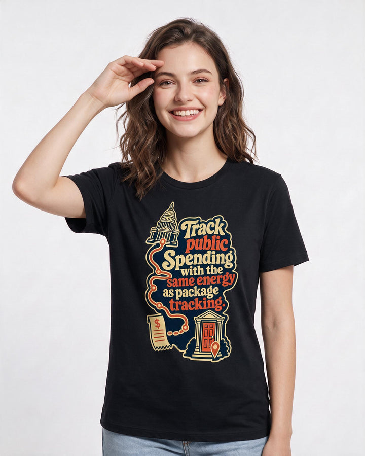 Political Statement Women's Black T-Shirt – Track public spending with the same energy as package tracking. product image 3