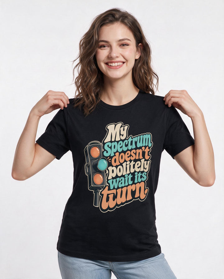 Pride Women's Black T-Shirt – My spectrum doesn't politely wait its turn. product image 3