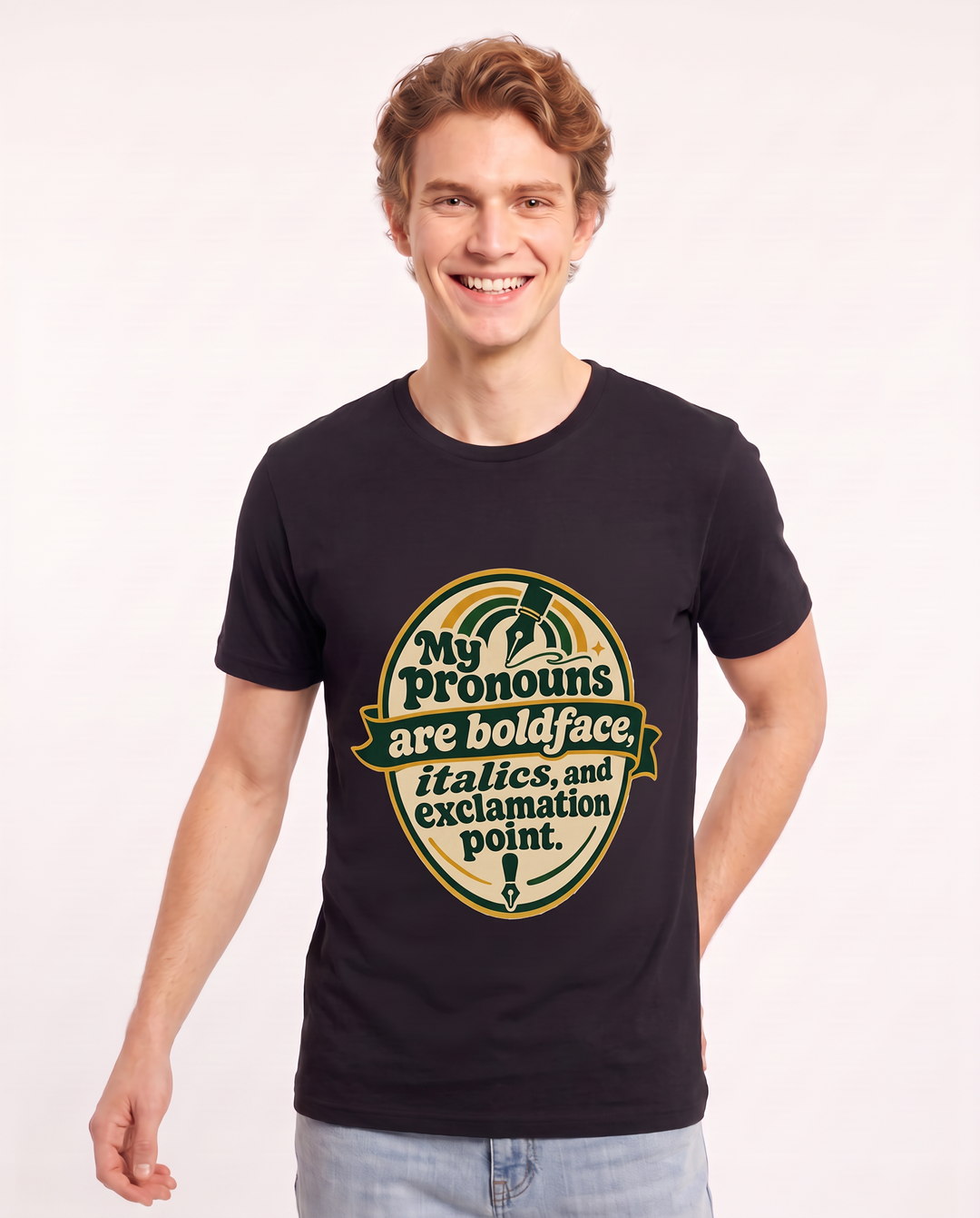 Graphic Men's Black T-Shirt - My pronouns are boldface, italics, and product image 3