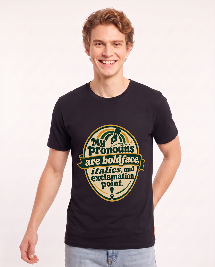 Graphic Men's Black T-Shirt - My pronouns are boldface, italics, and product image 3