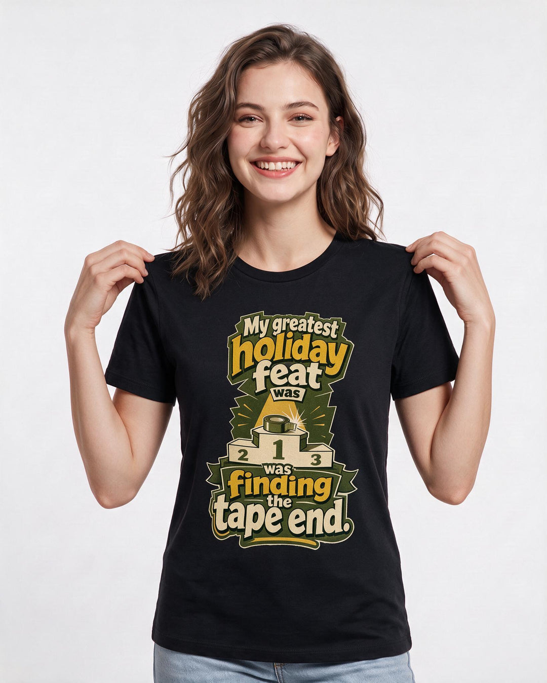 Funny Christmas Women's Black T-Shirt – My greatest holiday feat was finding the tape end. product image 3