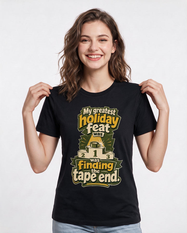 Funny Christmas Women's Black T-Shirt – My greatest holiday feat was finding the tape end. product image 3