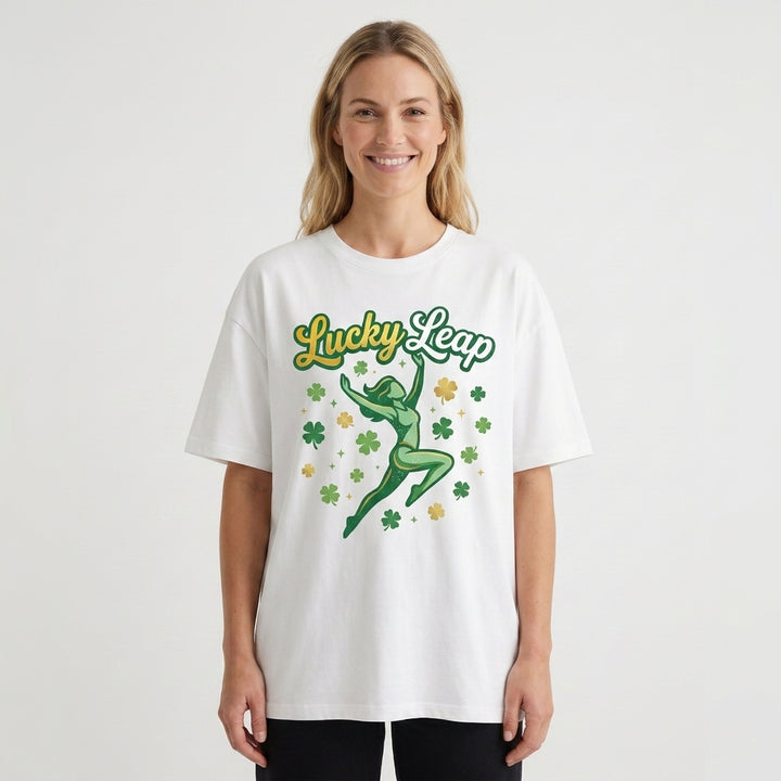 Lucky Leap Stylized Leap With Clovers White T-Shirt mockup 1