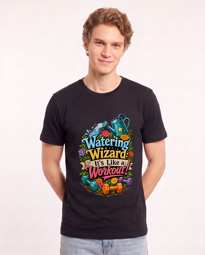 Watering Wizard: It’s Like a Workout! Men's Black T-Shirt product image 1