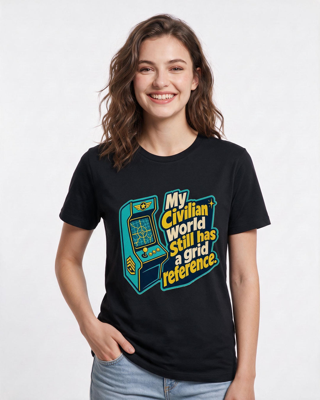 Graphic Women's Black T-Shirt - My civilian world still has a grid product image 3