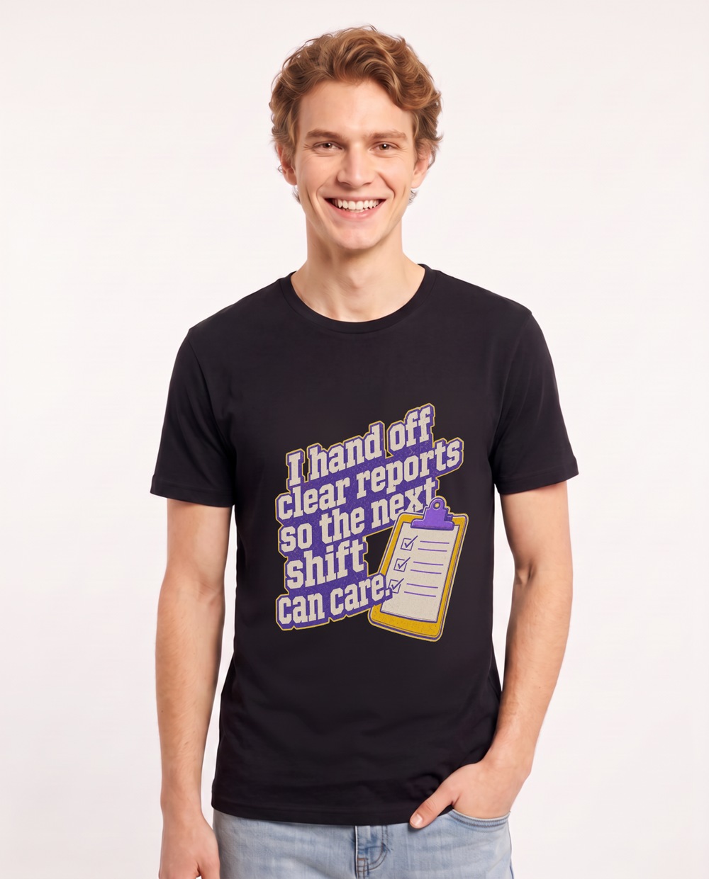 I hand off clear reports so the next shift can care. Men's Black T-Shirt product image 2