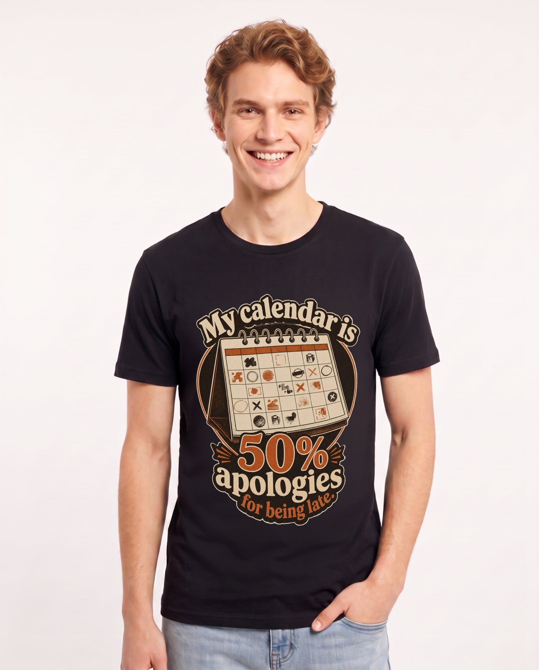 Funny Meme Men's Black T-Shirt – "My calendar is 50% apologies for being late." product image 1