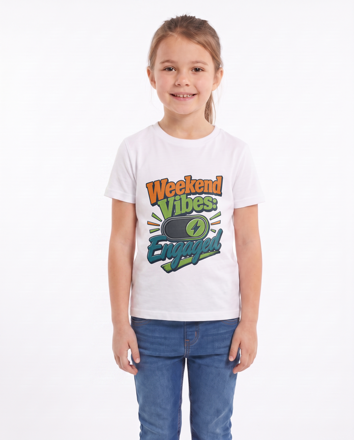 Weekend Vibes: Engaged White T-Shirt mockup 1