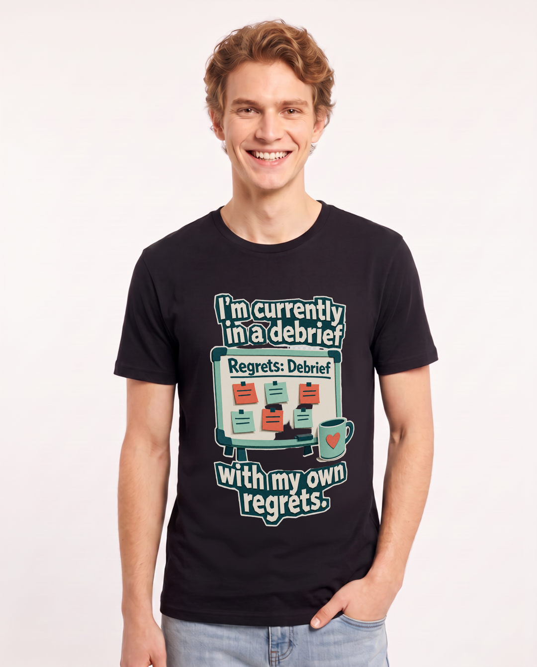 Funny Meme Men's Black T-Shirt – I'm currently in a debrief with my own regrets. product image 1