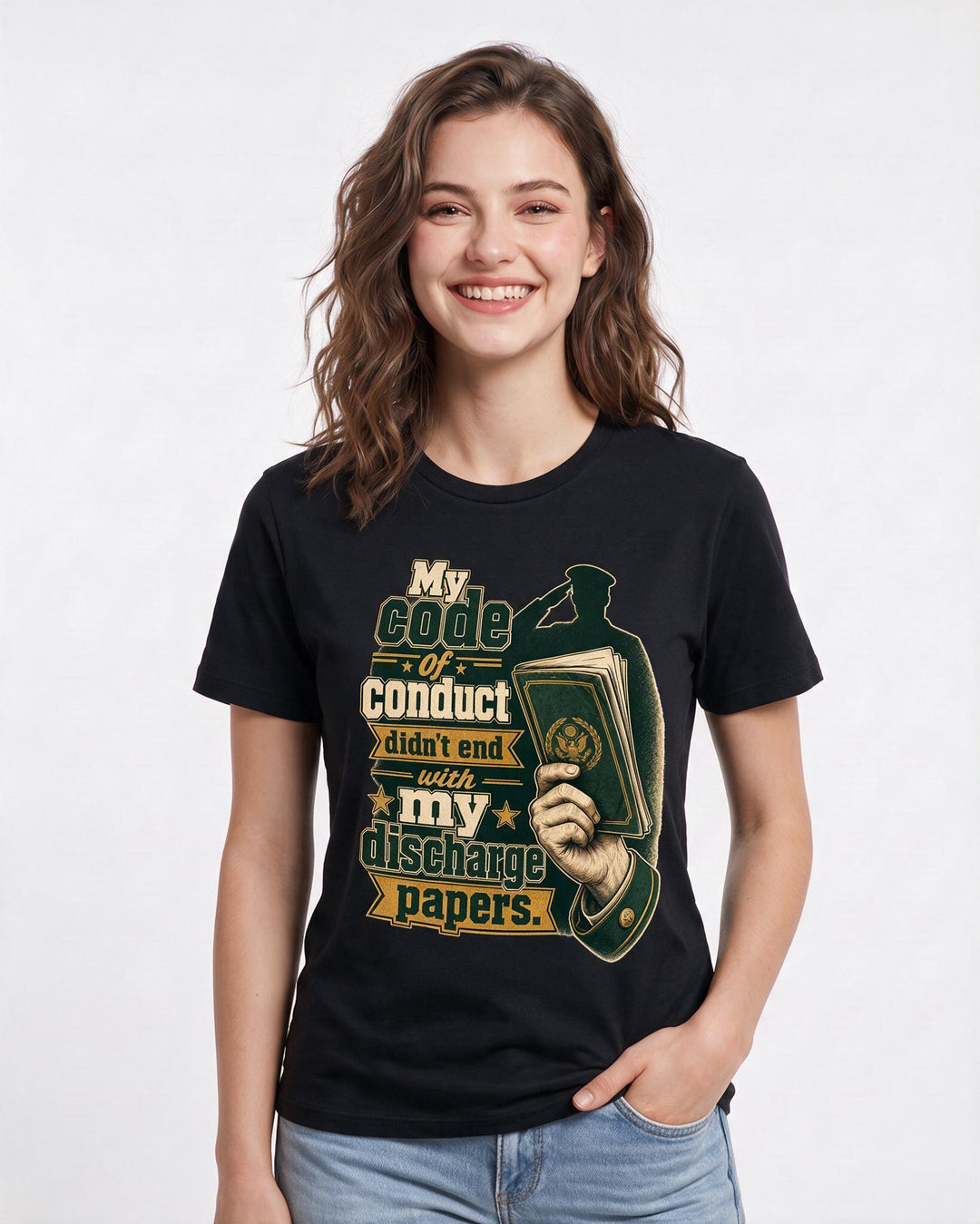 Veteran Women's Black T-Shirt – My code of conduct didn't end with my discharge papers. product image 3