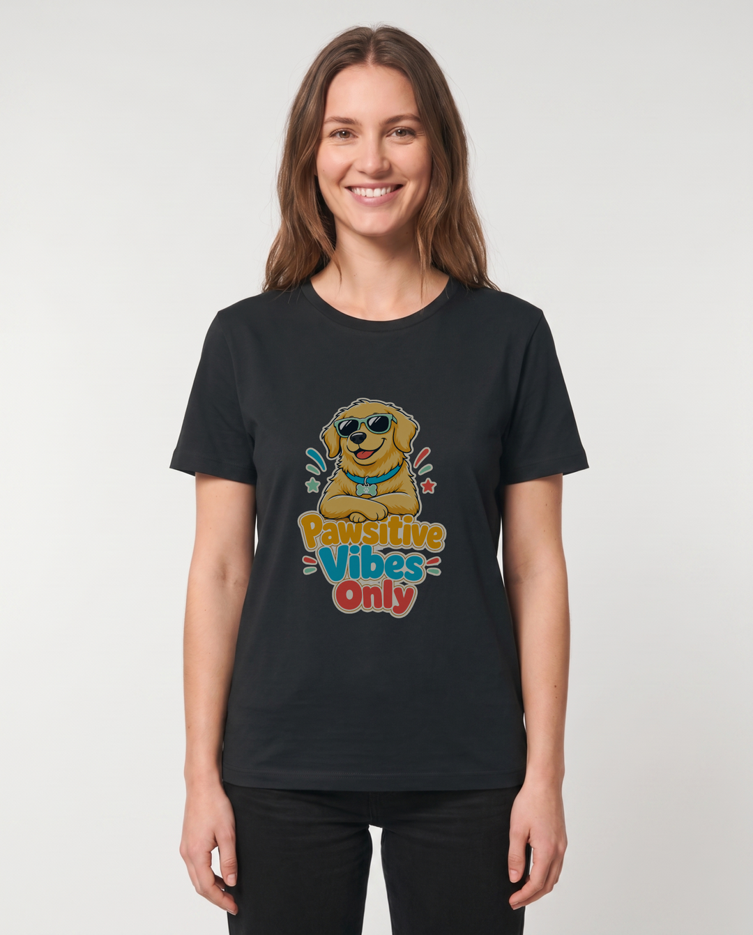 Pawsitive Vibes Only Black T-Shirt mockup 1
