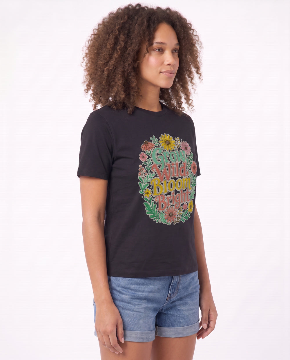 Grow Wild, Bloom Bright Black T-Shirt mockup 2