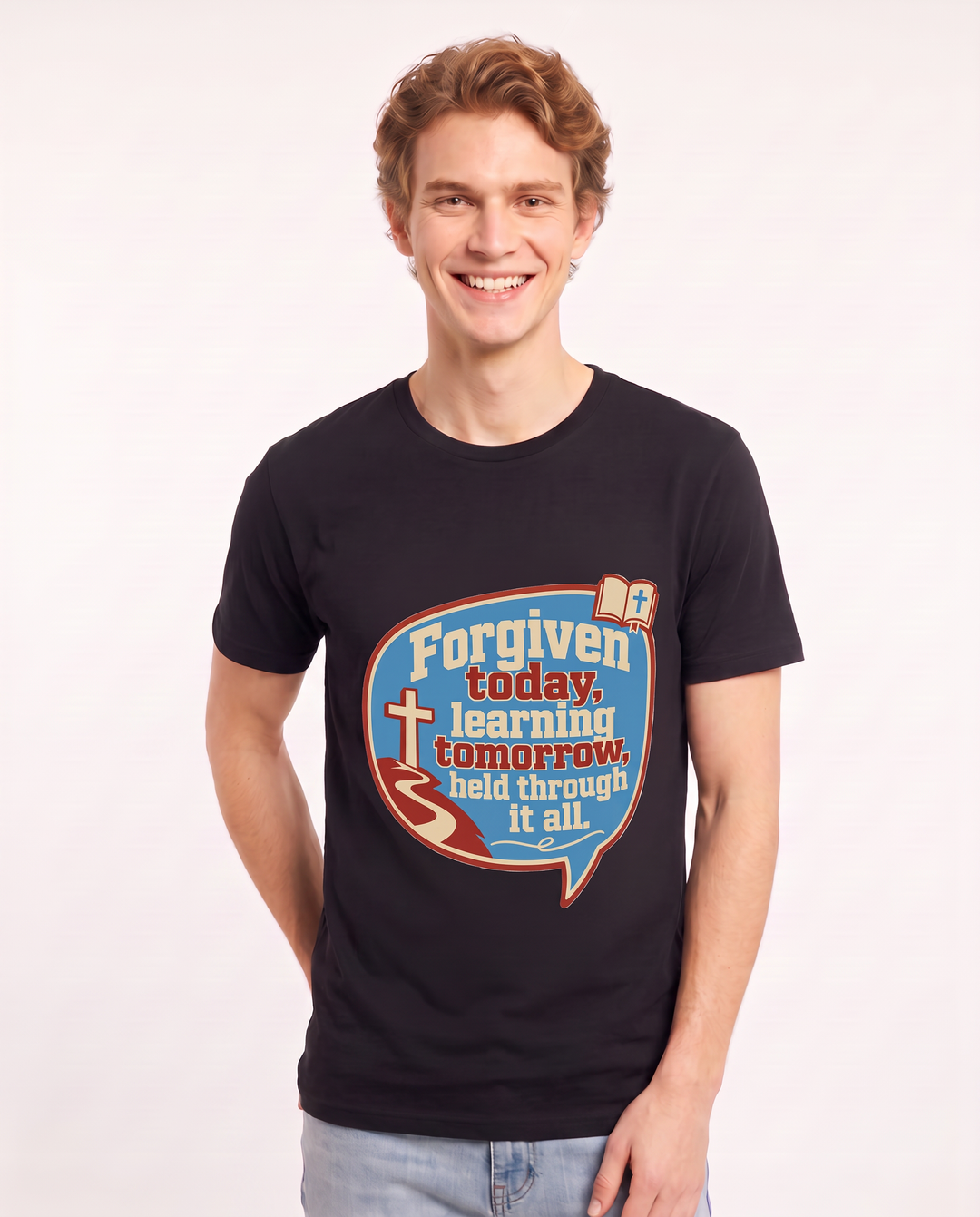 Graphic Men's Black T-Shirt - Forgiven today, learning tomorrow, held product image 3