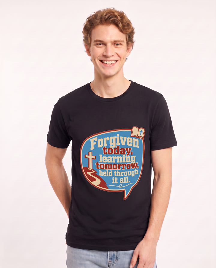 Graphic Men's Black T-Shirt - Forgiven today, learning tomorrow, held product image 3